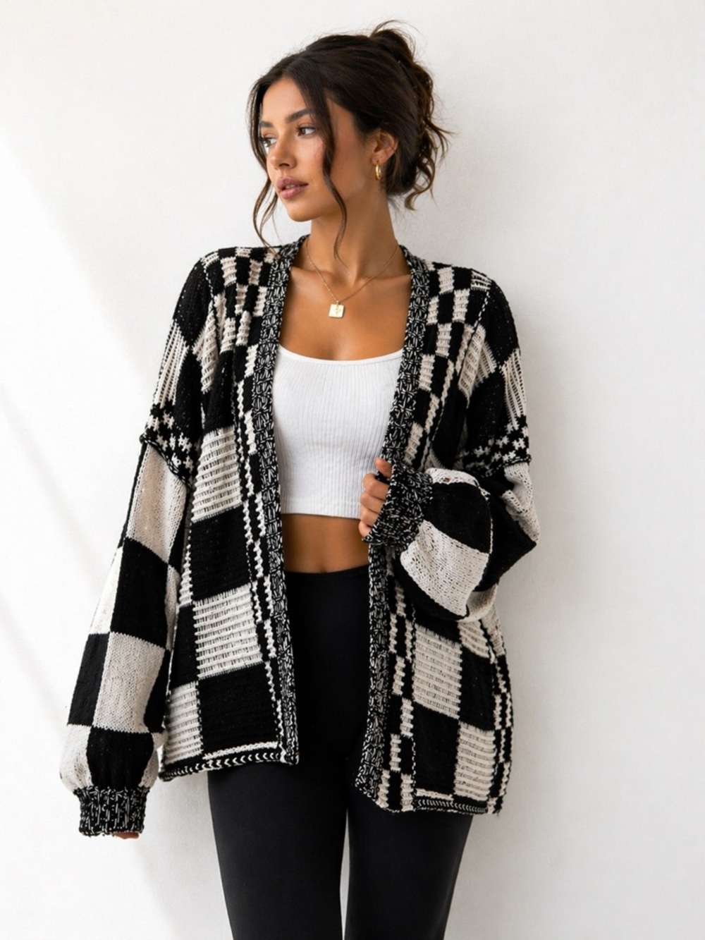 BTFBM Black White Chunky Knit Cardigan | Small